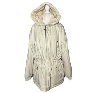 Women’s 90’s retro Ivory Hooded Winter Parka Coat Faux Fur Lined Size Large